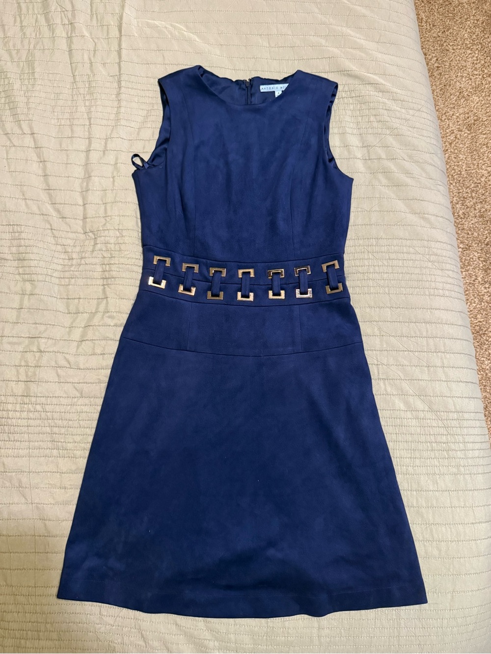 ANTONIO MELANI Navy Sleeveless Midi Dress with Gold Geometric Belt